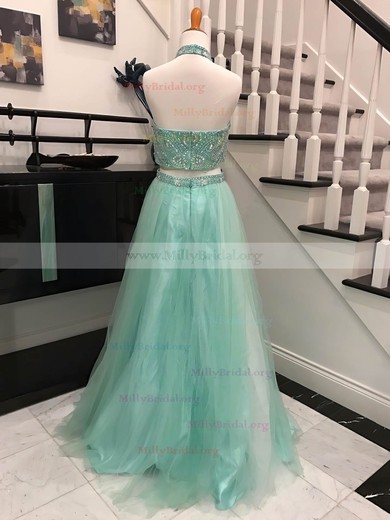Princess Halter Tulle Sweep Train Beading Prom Dresses #Milly020105671