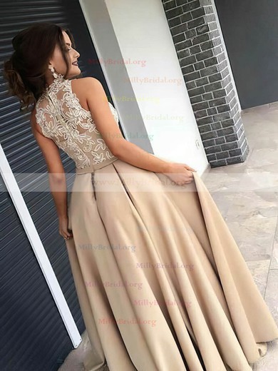 A-line High Neck Satin Tulle Sweep Train Appliques Lace Prom Dresses #Milly020105682