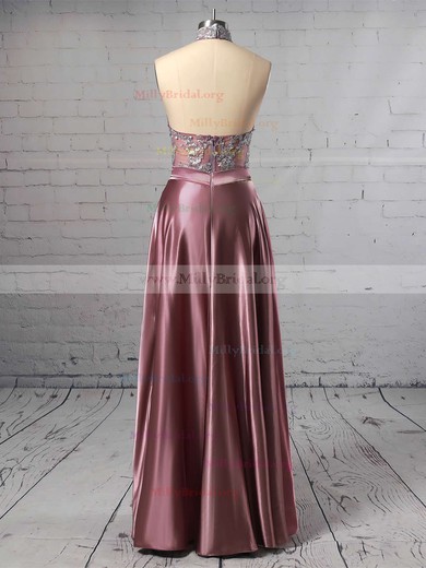 A-line High Neck Satin Floor-length Appliques Lace Prom Dresses #Milly020105685