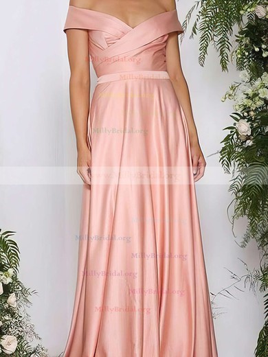 A-line Off-the-shoulder Silk-like Satin Sweep Train Ruffles Prom Dresses #Milly020105737
