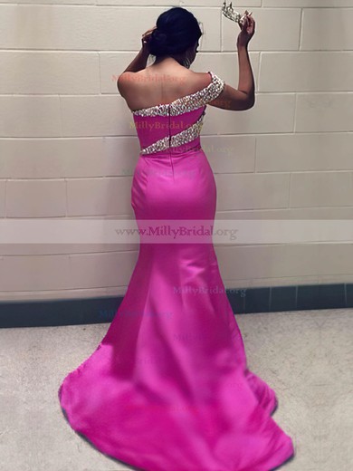 Trumpet/Mermaid One Shoulder Satin Sweep Train Crystal Detailing Prom Dresses #Milly020105747