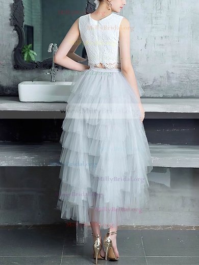 A-line Scoop Neck Lace Tulle Asymmetrical Tiered Prom Dresses #Milly020105394