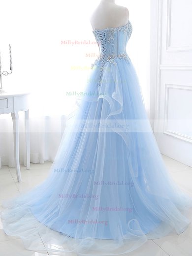 Princess Sweetheart Lace Tulle Sweep Train Appliques Lace Prom Dresses #Milly020105564