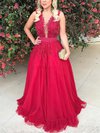 Princess V-neck Tulle Floor-length Appliques Lace Prom Dresses #Milly020105572
