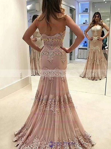 Trumpet/Mermaid Strapless Chiffon Sweep Train Appliques Lace Prom Dresses #Milly020105473