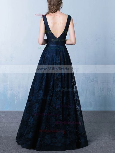 Princess V-neck Lace Floor-length Sashes / Ribbons Prom Dresses #Milly020105792