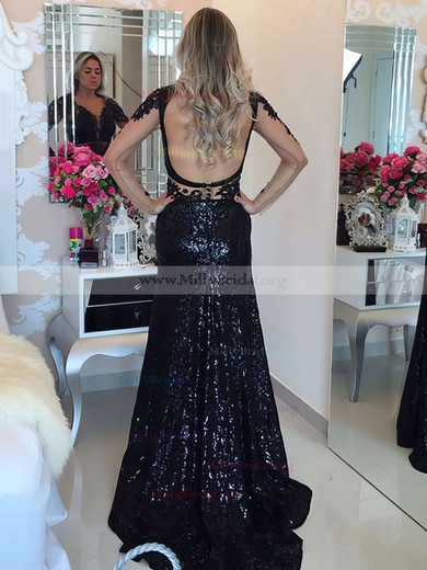 Trumpet/Mermaid Scoop Neck Sequined Sweep Train Appliques Lace Prom Dresses #Milly020105811