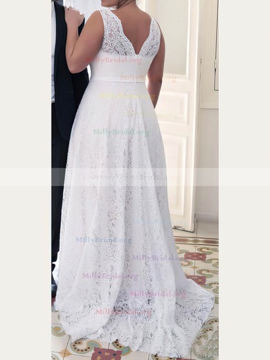A-line V-neck Lace Floor-length Lace prom dress #Milly020106015