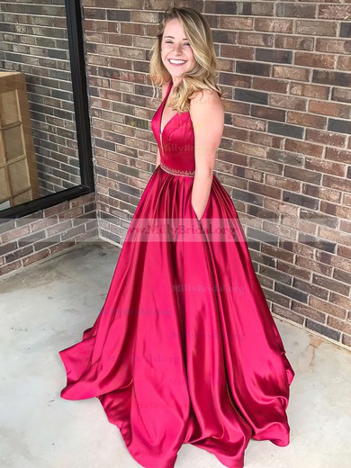 Ball Gown V-neck Satin Floor-length Beading Prom Dresses #Milly020106085
