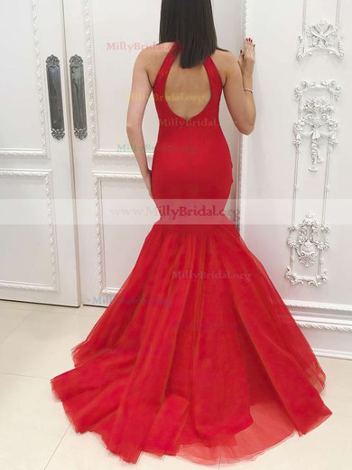 Trumpet/Mermaid High Neck Tulle Sweep Train Beading Prom Dresses #Milly020106100
