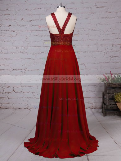 A-line Scoop Neck Chiffon Sweep Train Beading Prom Dresses #Milly020105055