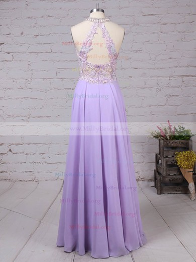 A-line Scoop Neck Chiffon Sweep Train Beading Prom Dresses #Milly020105074