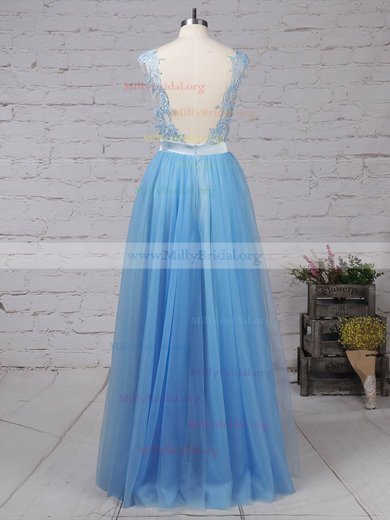 A-line Scoop Neck Tulle Sweep Train Appliques Lace Prom Dresses #Milly020105076