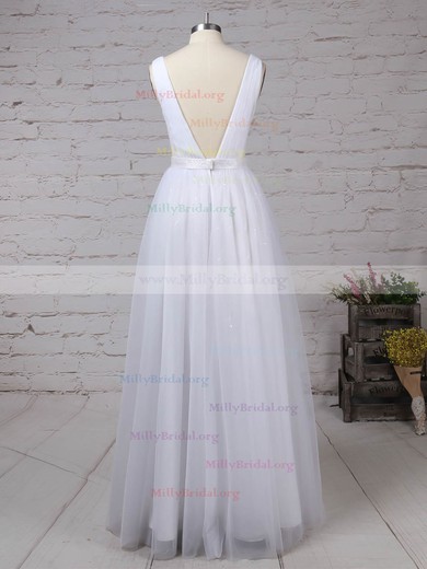 A-line V-neck Tulle Floor-length Sashes / Ribbons Prom Dresses #Milly020105079