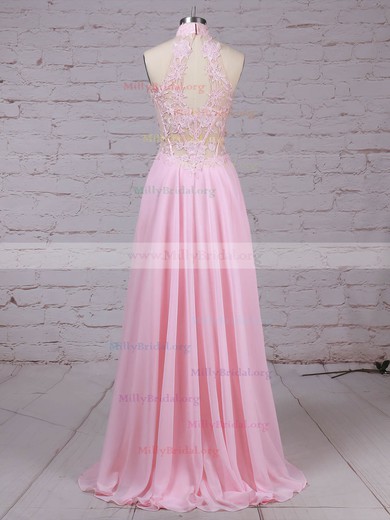 A-line High Neck Chiffon Floor-length Appliques Lace Prom Dresses #Milly020105092