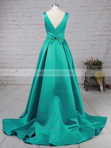 Princess V-neck Satin Sweep Train Bow Prom Dresses #Milly020105106