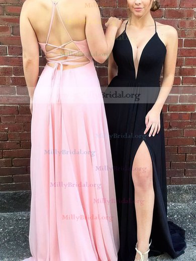A-line V-neck Chiffon Floor-length Split Front Prom Dresses #Milly020105837