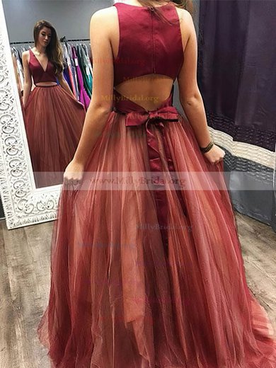 Princess V-neck Tulle Sweep Train Beading Prom Dresses #Milly020105848