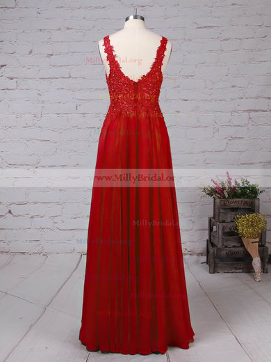 A-line V-neck Chiffon Floor-length Beading Prom Dresses #Milly020105861