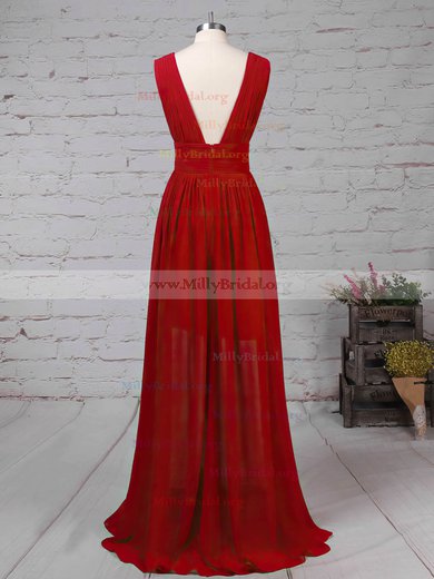 A-line V-neck Chiffon Floor-length Ruffles Prom Dresses #Milly020105865