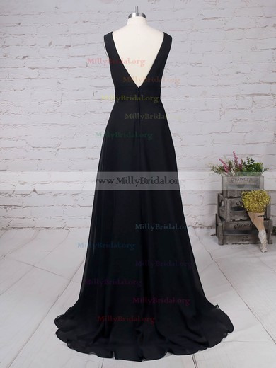 A-line V-neck Chiffon Sweep Train Split Front Prom Dresses #Milly020105871