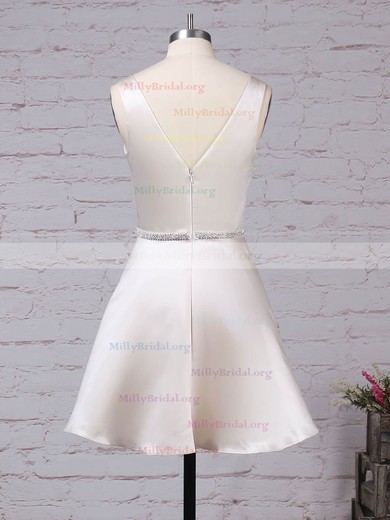 A-line V-neck Satin Short/Mini Beading Prom Dresses #Milly020105873