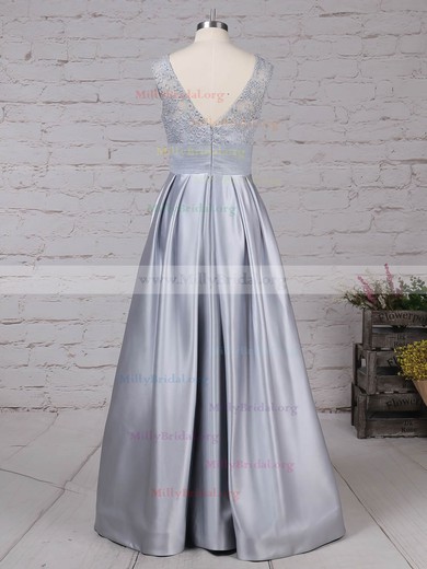 Princess Scoop Neck Lace Satin Floor-length Pockets Prom Dresses #Milly020105913