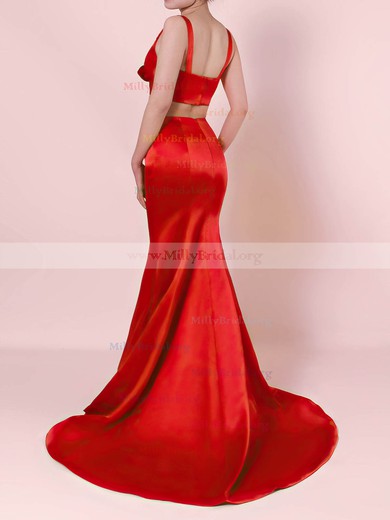 Trumpet/Mermaid V-neck Satin Sweep Train Ruffles Prom Dresses #Milly020105916