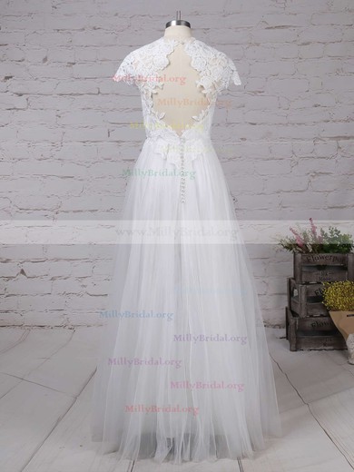 A-line Scoop Neck Tulle Floor-length Beading Wedding Dresses #Milly00023133