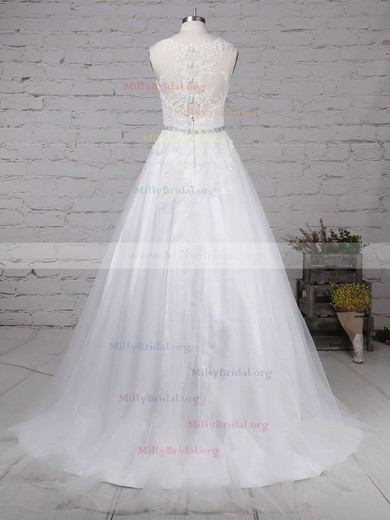 Princess Scoop Neck Tulle Sweep Train Beading Wedding Dresses #Milly00023178
