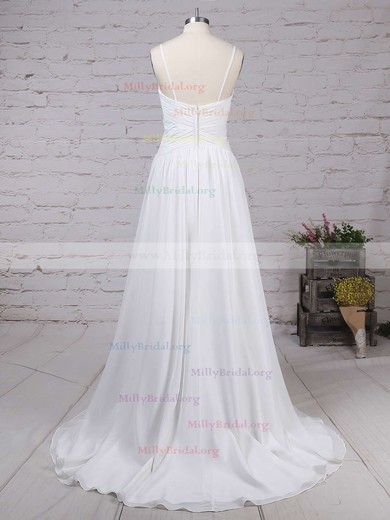 A-line V-neck Chiffon Sweep Train Ruched Wedding Dresses #Milly00023199
