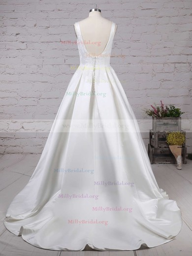 Ball Gown Scoop Neck Satin Sweep Train Appliques Lace Wedding Dresses #Milly00023317