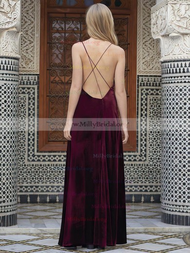 A-line V-neck Velvet Floor-length Split Front Prom Dresses #Milly020106115