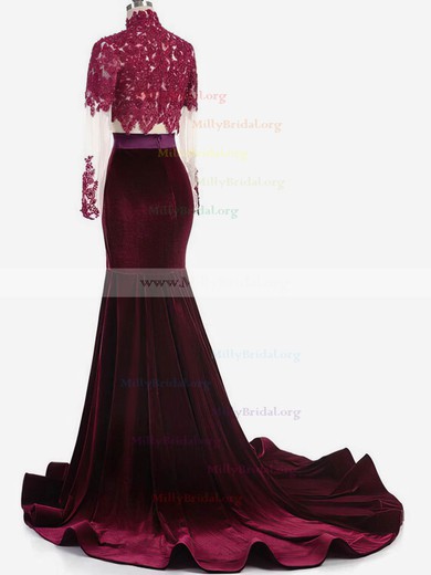 Trumpet/Mermaid High Neck Velvet Sweep Train Appliques Lace Prom Dresses #Milly020106118