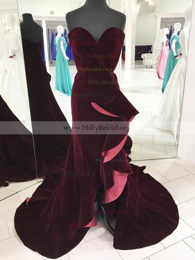 Trumpet/Mermaid V-neck Velvet Sweep Train Cascading Ruffles Prom Dresses #Milly020106157