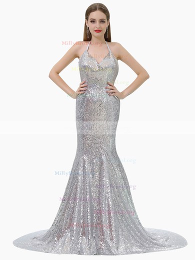 Trumpet/Mermaid Halter Sequined Sweep Train Prom Dresses #Milly020106160