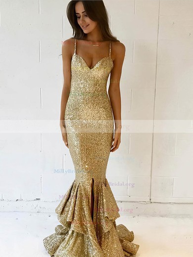 Trumpet/Mermaid V-neck Sequined Floor-length Split Front Prom Dresses #Milly020106165