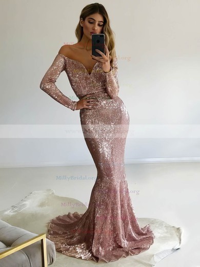 Trumpet/Mermaid Off-the-shoulder Sequined Sweep Train Prom Dresses #Milly020106204