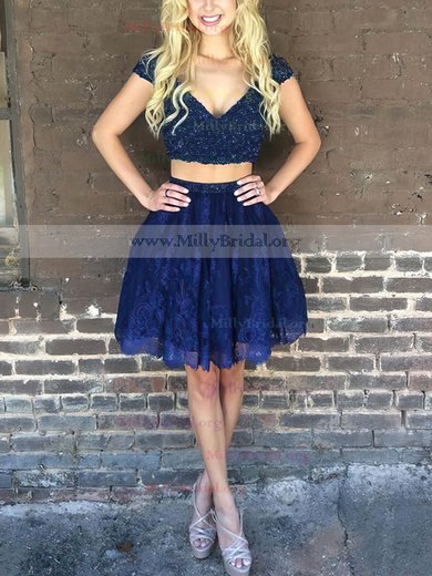 A-line V-neck Lace Short/Mini Beading Prom Dresses #Milly020106329