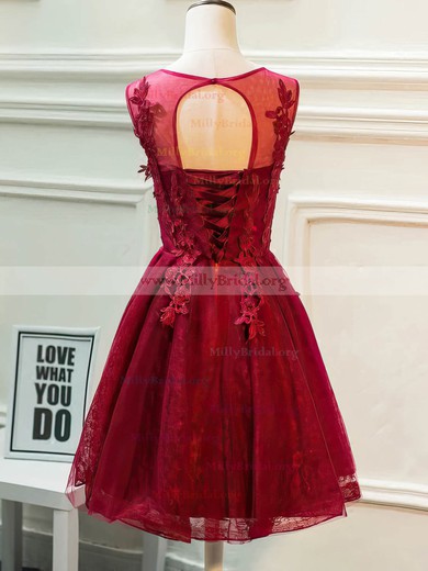 A-line Scoop Neck Lace Tulle Knee-length Beading Prom Dresses #Milly020106337