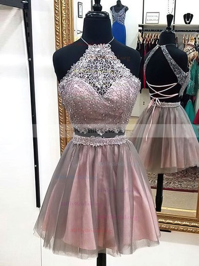 A-line Halter Lace Tulle Short/Mini Beading Prom Dresses #Milly020106342