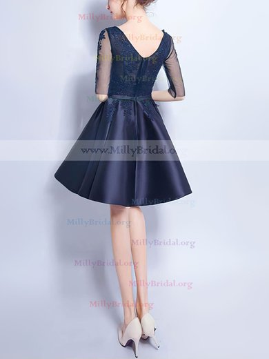 A-line V-neck Satin Tulle Short/Mini Appliques Lace Prom Dresses #Milly020106357