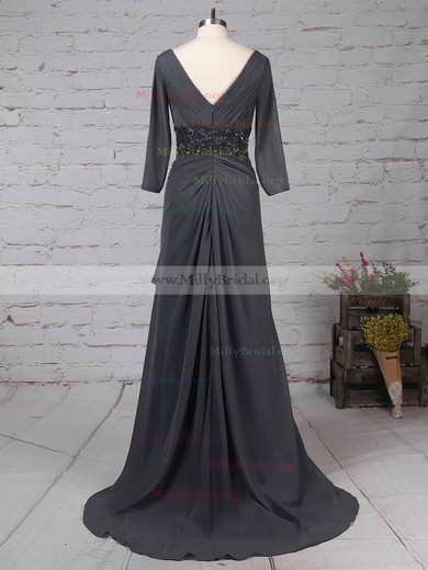 A-line V-neck Chiffon Sweep Train Beading Mother of the Bride Dresses #Milly01021700