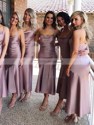 Sheath/Column Cowl Neck Silk-like Satin Tea-length Bridesmaid Dresses #Milly01013693