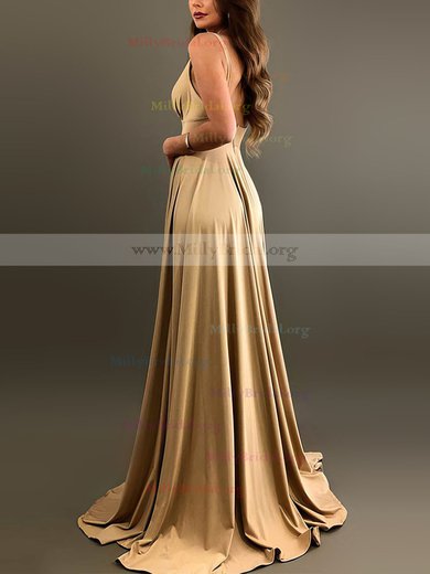A-line V-neck Silk-like Satin Sweep Train Split Front Bridesmaid Dresses #Milly01013597