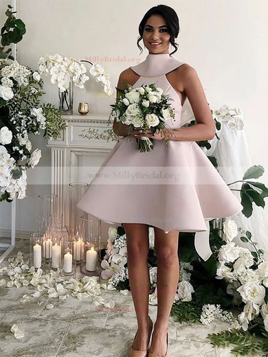 Princess High Neck Satin Short/Mini Bow Bridesmaid Dresses #Milly01013631