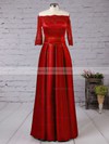 A-line Off-the-shoulder Satin Floor-length Appliques Lace Burgundy Bridesmaid Dresses #Milly010020102406