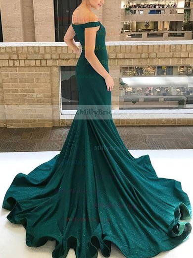 Trumpet/Mermaid Off-the-shoulder Silk-like Satin Sweep Train Sequins Prom Dresses #Milly020106403
