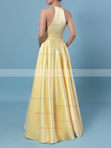 Princess Scoop Neck Satin Floor-length Pockets Prom Dresses #Milly020106399