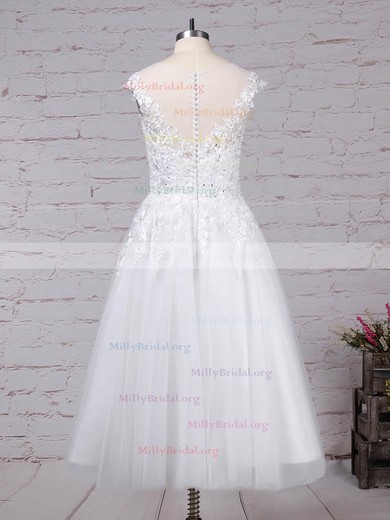 Ball Gown Scoop Neck Tulle Tea-length Beading Wedding Dresses #Milly00023268